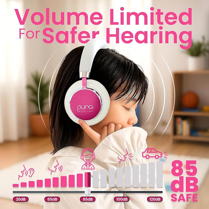 Puro Sound Labs BT2200 Plus Kids Bluetooth Headphones – Volume-Limiting 85dB, Studio-Grade Audio, Over-Ear & Comfy Design, 20-Hour Battery Life, Easy to Connect Wireless Headphones for Kids, Pink