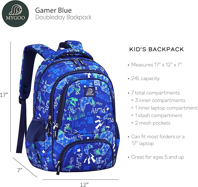 Primary School Backpack | Doubleday Collection for Boys | 17" Gamer Blue Design | Perfect for Teens