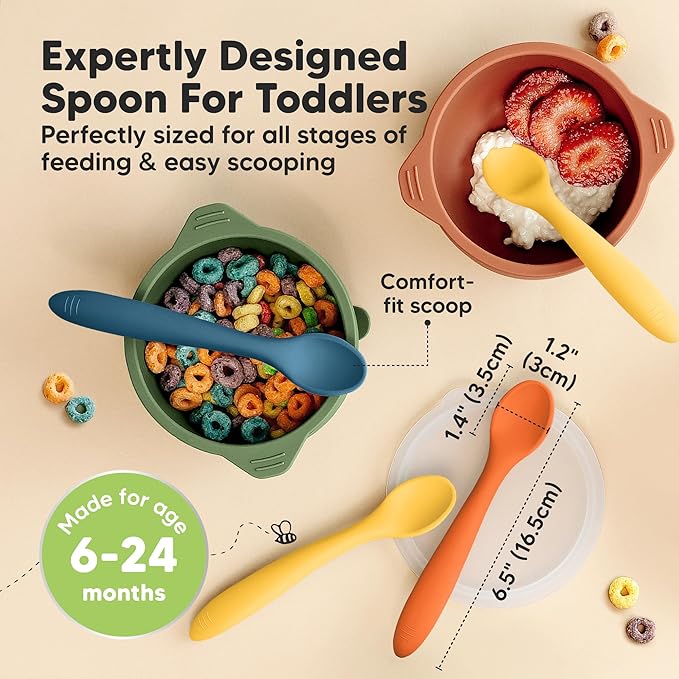 KeaBabies Silicone Baby Spoons, Self Feeding 6-12 months - 3-Pack Baby Weaning Eating Utensils, Toddler First Food Training Spoon, Infant, Kids Feeding Supplies Essential Set,Dishwasher-safe (Valiant)
