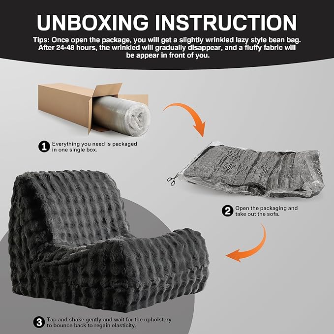 Modern Bean Bag Chair, Large Bean Bag Couch for Adults with Memory Foam Filled, Soft Faux Bunny Fur Lazy Chair for Living Room Bedroom Dorm Apartment, No Assembly Required, Dark Grey