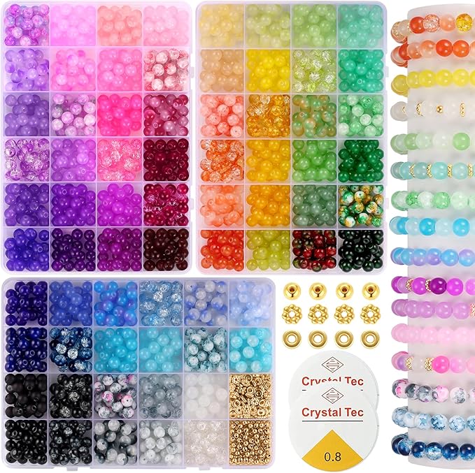 Funtopia 8mm Glass Beads Bracelet Making Kit, 1540pcs 70 Colors Crystal Beads for Jewelry Making, Round Glass Beads for Bracelets and DIY Crafts, Solid and Crackle Colors