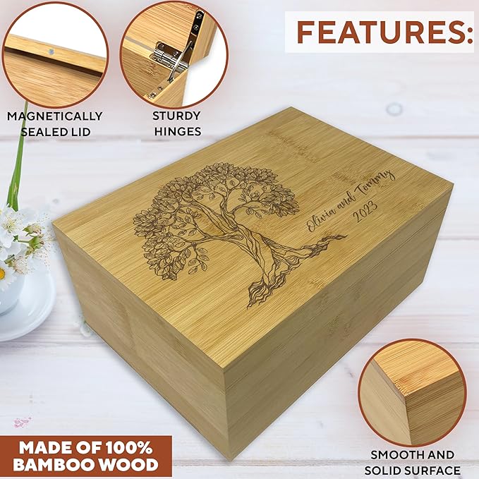Personalized Tree of Life Box - Keepsake Box Engravable, Wooden Wedding Gift Anniversary for Couple, Bamboo Wood Decorative Chest, Handmade Memory Boxes with Custom Hidden Message, 11x8x4.75 in