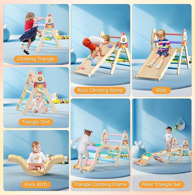 Pikler Triangle Set with Cushion, 9-in-1 Kids Climbing Toys for Toddlers 1-3 Inside, Montessori Toddler Climbing Toys Indoor, Large Wooden Pikler Triangle Climbing Set Baby Playground for Children