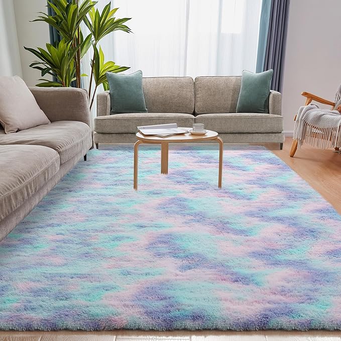 Rainbow Rug for Girls Room, 4x6 Fluffy Area Rugs for Bedroom, Colorful Kids Rug Cute Anti-Skid Indoor Carpet for Nursery, Living Room, Playroom, Home Decor
