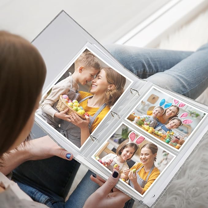 Vienrose Linen 3-Ring Photo Album Holds 190 Photos, 160 4x6 Photos and 30 6x8 Pictures, Picture Album with Multiple Size Pockets, Memory Book for Family Wedding Anniversary Baby, Grey