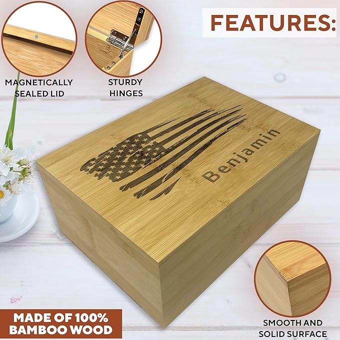 Personalized American Flag Gift Box - Engraved Memory Box, 5 Year Anniversary Wedding Gift for Men, Boyfriend, Bamboo Wood Decorative Chest, Keepsake Boxes with Custom Hidden Message, 11x8x4.75 in