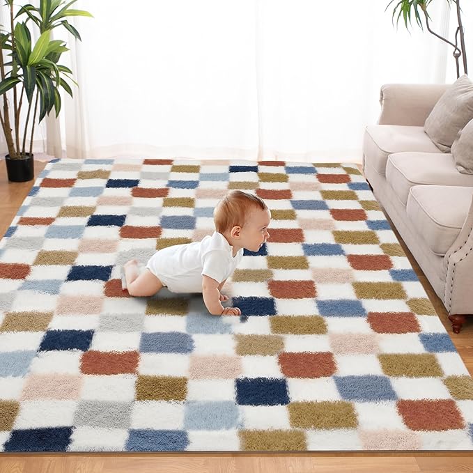 Super Soft Rug for Bedroom, 8x10 Ft Rainbow Area Rug Classic Checkered Shaggy Rug Anti-Skid High Pile Soft Fluffy Fuzzy Carpet for Living Room Bedroom Kids Room Nursery, Dorm Home Decor