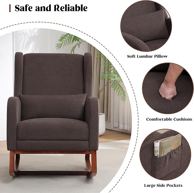 Rocking Chair Nursery with Foot Rest, Wingback Nursery Rocking Chairs, Nursing Glider Rocker Chair with Pillow and High Back for Nursery, Living Room, Bedroom, Coffee