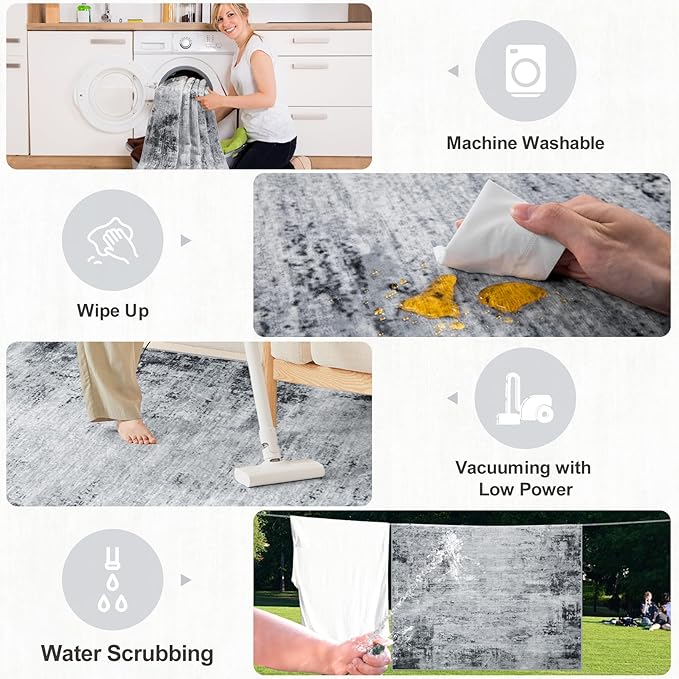 8x10 Area Rugs for Living Room - Washable Rug Modern Abstract Soft Large Neutral Non-Slip Carpet Indoor Floor Thin Carpets for Bedroom Dining Room Farmhouse Nursery Home Office Black