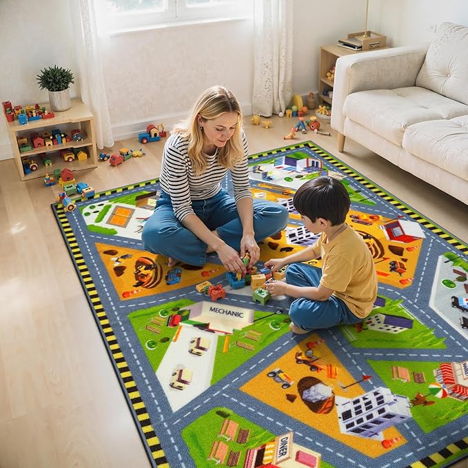 STARUIA Kids Cars Rug for Playroom, 3x5 Car Rugs for Kids Toy Cars, Non-Slip City Road Map Play Rug for Boys Bedroom, Educational Toddler Carpet Play Mat for Classroom Nursery Daycare (39"X59")