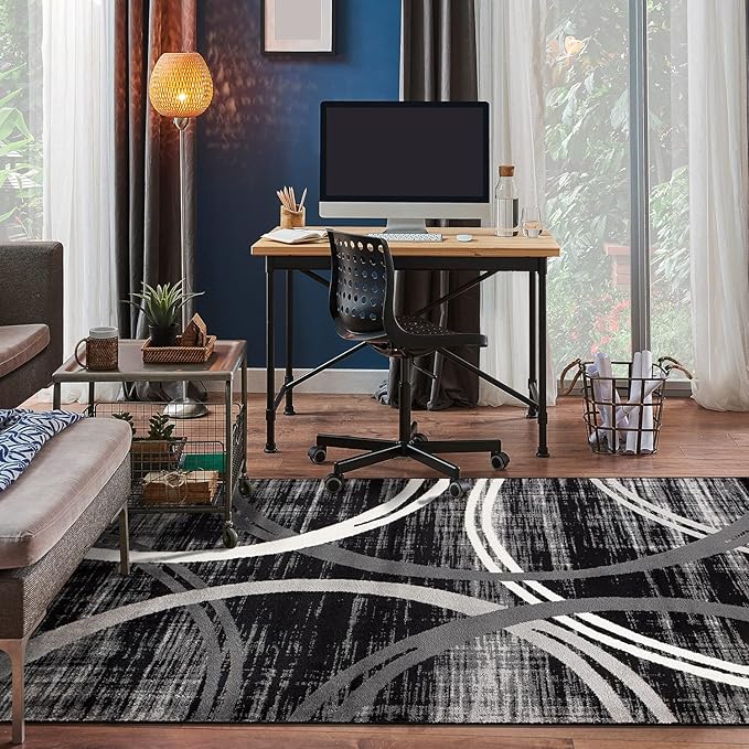 Rugshop Modern Wavy Circles Design Area Rug 7'10" x 10'2" Black