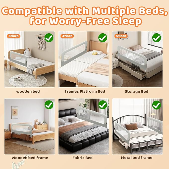 Large Bed Guard Rail for Toddlers - 59inch Foldable & Adjustable Heights Baby Bed Safety Railing - Toddler Long Bed Rails Guard for Twin, Bunk, Queen & King, Full Size Bed