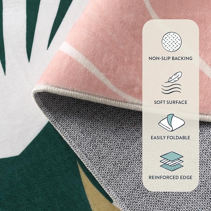 Lahome Washable Rug 5x7 - Rugs for Living Room 5x7 Non-Slip Ultra-Thin Carpet for Bedroom Cute Soft Kids Nursery Rug, Boho Botanical Print Indoor Floor Rug for Entryway Office (5'x7',Green/Pink)