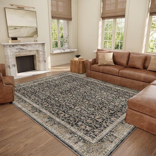 Washable 8x10 Area Rugs for Living Room, Boho Non-Slip Silicone Backing Rugs for Bedroom Dining Room Nursery Office, 0.3" Neutral Oriental Throw Carpet with 0.16" Cushioning Pad, Black/Multi