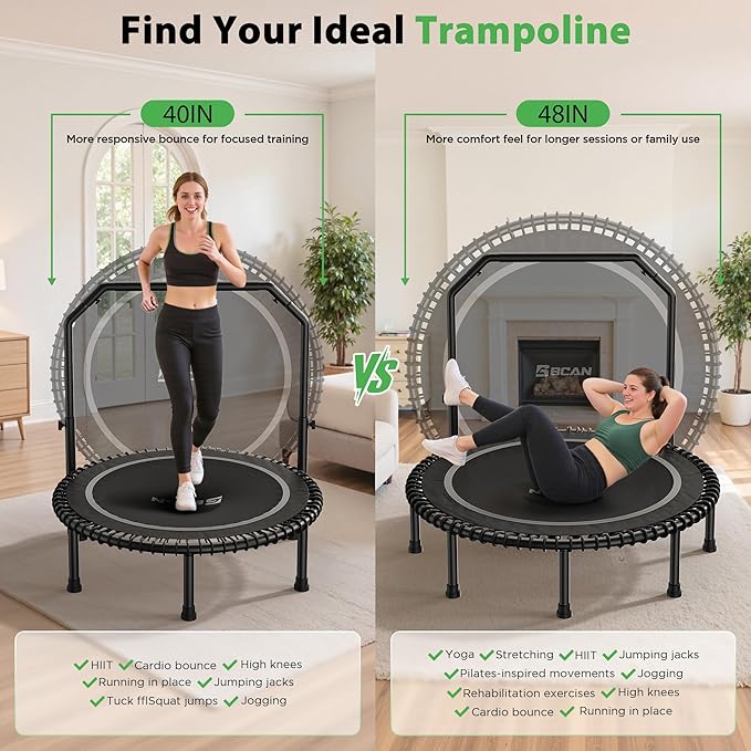 BCAN 40"/48" Mini Rebounder Trampoline for Adults with Bar, 450/550LBS Fitness Trampoline with Bungees, Adjustable Handle, Stable & Quiet, Indoor Outdoor, Whole-Body Workout & Relaxation at Home