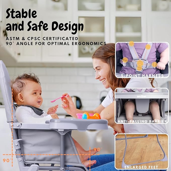 Foldable Baby High Chair with Easy Clean Double-Layer Tray, Adjustable Foot Rest, Safety First 5 Point Harness, Compact Space Saver Baby Feeding Chair Portable for Travel