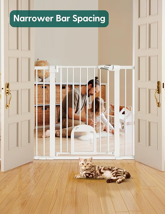 Babelio 36" Tall Upgraded Baby Gate with Cat Door, 29-43" Auto Close Durable Dog Gate for Stairs, Doorways and House, Easy Walk Thru Safety Gate with Pet Door Includes 4 Wall Cups, White