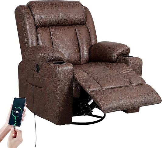 Retro Rocking Recliner Chair, Massage Rocker Recliner Chair with Vibration Massage and Heat, USB and Type-C Ports,360° Swivel Chairs,Living Room, Bedroom, Nursery, RV, Brown