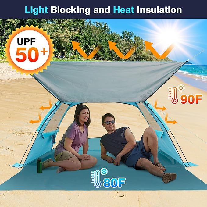 DLUCKY Beach Tent for 1/2/3/4/5/6 Person,Anti-UV Portable Sun Shade ShelterUPF 50+,Both Sides Extendable Floor,Extendable Awning,with 2 Ventilating Mesh Windows,Lightweight & Easy Setup.