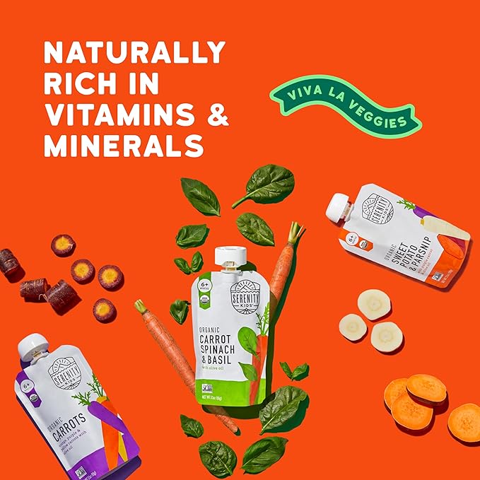 Serenity Kids 6+ Months Certified Organic Baby Food Pouches Veggie Puree - No Sugary Fruits/Added Sugar - 3.5 Oz BPA & Allergen-Free Packaging - Garden Variety Pack - 6 Count Veggie Puree Pouches