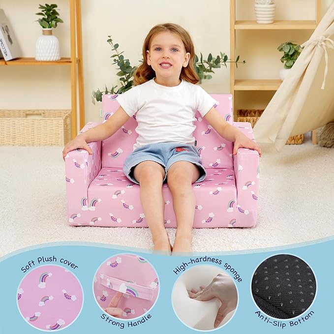 MallBest Kids Sofas Toddler Couch Bed Baby's Upholstered Chair Sleepover Couch Flipout Open Recliner(Pink/Rainbow)…