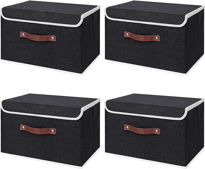 ANMINY 4PCS Storage Bins with Lid PU Leather Handles Storage Boxes PP Plastic Board Decorative Foldable Lidded Cotton Linen Fabric Home Cubes Baskets Closet Organizer Containers - Black, Large Size