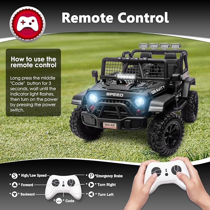 Sopbost 24V 7Ah 2 Seater Ride On Truck Ride On Toy for Big Kids Ride On Car with Remote Control Off-Road Electric Car with Shock Absorber, LED Lights, Bluetooth Music Player, EVA Tires, Black