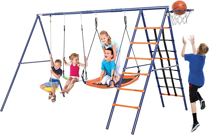 Swing Set for Backyard 550lbs - 6 in 1 Playground Sets for Backyards Safe Platform Swing for Kids Outdoor Heavy Duty Metal Frame with 3 Adjustable Swings Climbing Net Climbing Ladder Basketball Hoop
