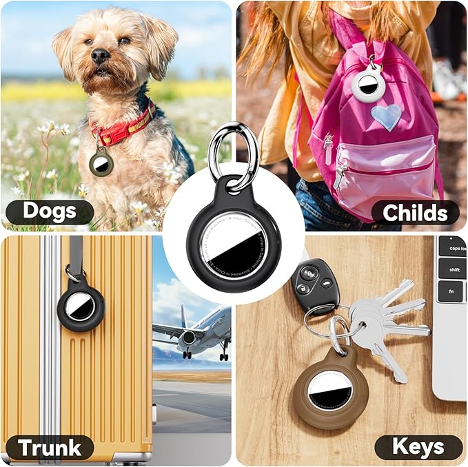 Upgrade Waterproof 4 Pack Airtags Holder with Apple Airtags Keychain, Hard PC Air Tag Case, Anti-Scratch & Shock Air tag Holder, Men's Women's Keyrings & Keychains - Black+White+Grey+Rose Red