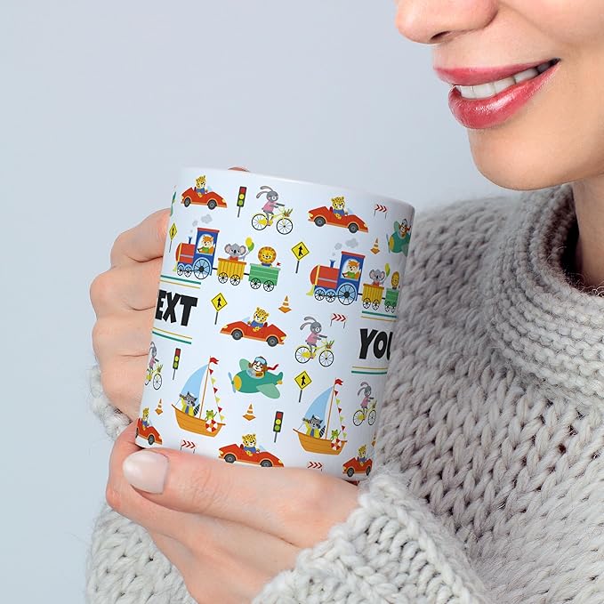 Personalized Mug for Kids - Vehicles - Custom Name/Text, Ceramic Hot Chocolate/Cocoa/Coffee Cup for Boys, Birthday/Christmas/Holiday Gift - 15 oz, Pink Handle