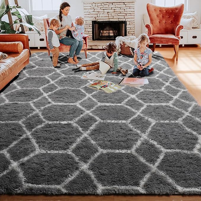 ONASAR 6x9 Area Rugs for Living Room Bedroom, Washable Large Fluffy Grey and White Throw Rug, Geometric Soft Plush Shaggy Floor Carpet for Nursery Kids Girls Boys Teen Dorm Home Decor Aesthetic