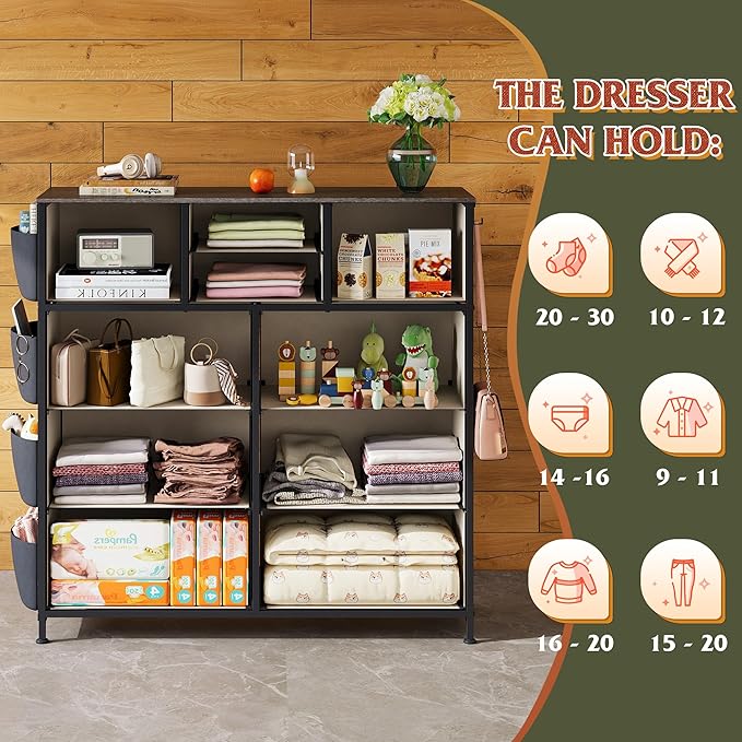 WLIVE Dresser for Bedroom with 10 Drawers, Fabric Dresser Chest of Drawers with Side Pockets and Hooks, Sturdy Metal Frame, Drawers Organizer Unit for Room, Hallway, Dark Gray