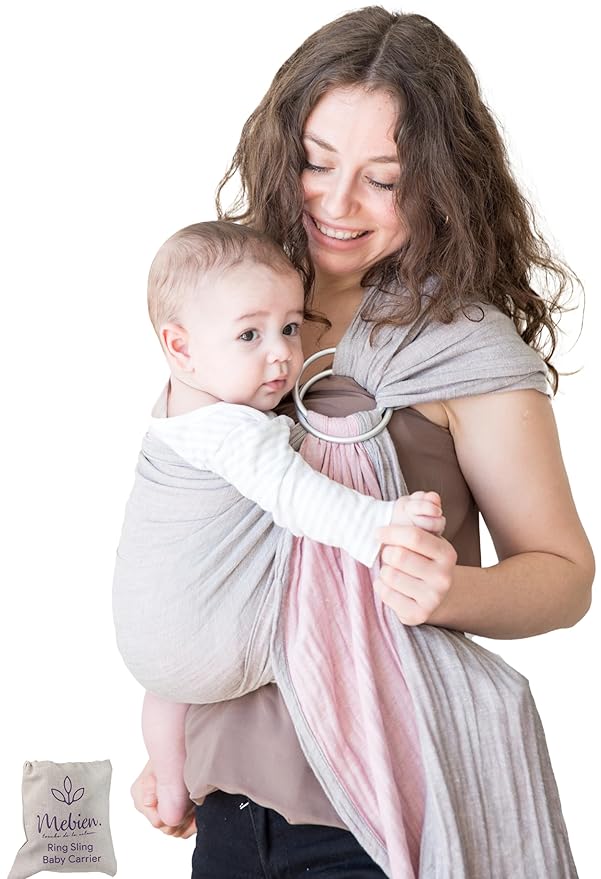 Baby Sling Carrier – Breathable 100% Cotton Wrap for Infant Support, Ring Sling Baby Carrier – Adjustable Muslin Fabric, Baby Carrier Newborn to Toddler – Grey Rose Soft Chest Hold for Travel