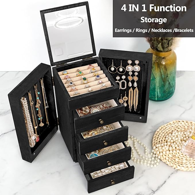 Meangood Jewelry Box Wood for Women, 5-Layer Large Organizer Box with Mirror & 4 Drawers for Rings, Earrings, Necklaces, Black