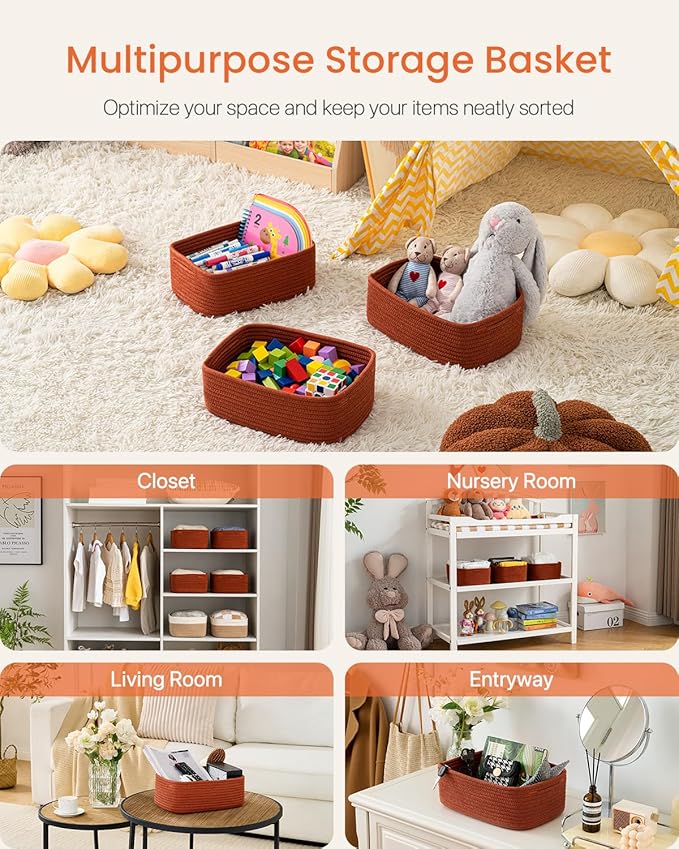 KALLAX Small Woven Basket, 12 x 8 x 4.5 Inches, Storage Basket for Organizing, Cute Small Rope Shelf Closet Cube Storage Bins Baskets for Shelves, Dog Toy Gift Baskets Empty, 3 Pack Rust Red