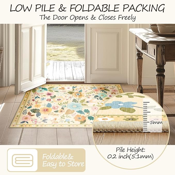 Floral 2x6 Area Rug Machine Washable Soft Print Boho Carpet Non Slip Doormat Low Pile Flower Area Rugs for Living Room Bedroom Nursery Kitchen Dining Room Indoor-Ivory/Yellow