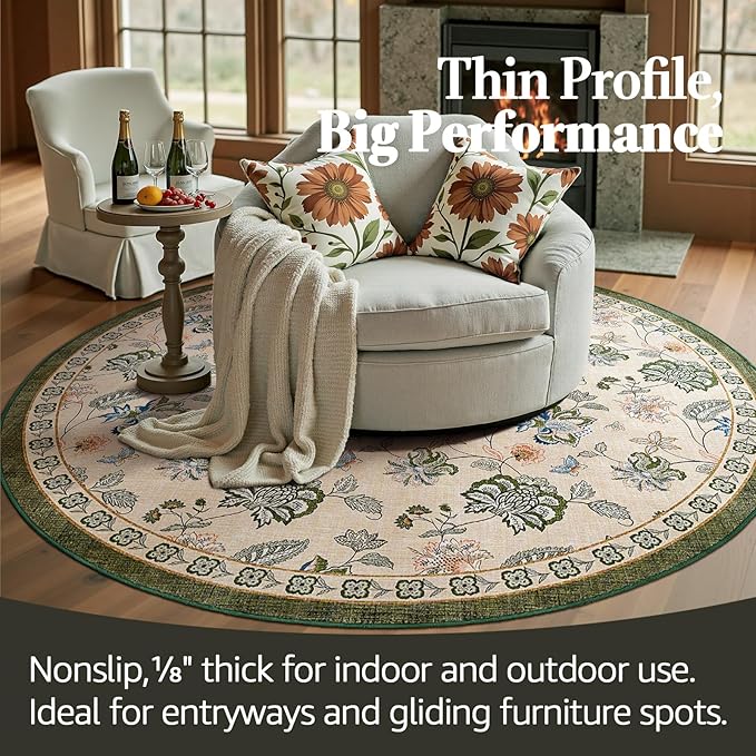 jinchan 6ft Floral Round Rug for Dining Room Washable Living Room Rug Vintage Romance Design Non Slip Indoor Floor Cover Lightweight Low-Profile Throw Carpet for Bedroom Porch Patio, Green/Beige