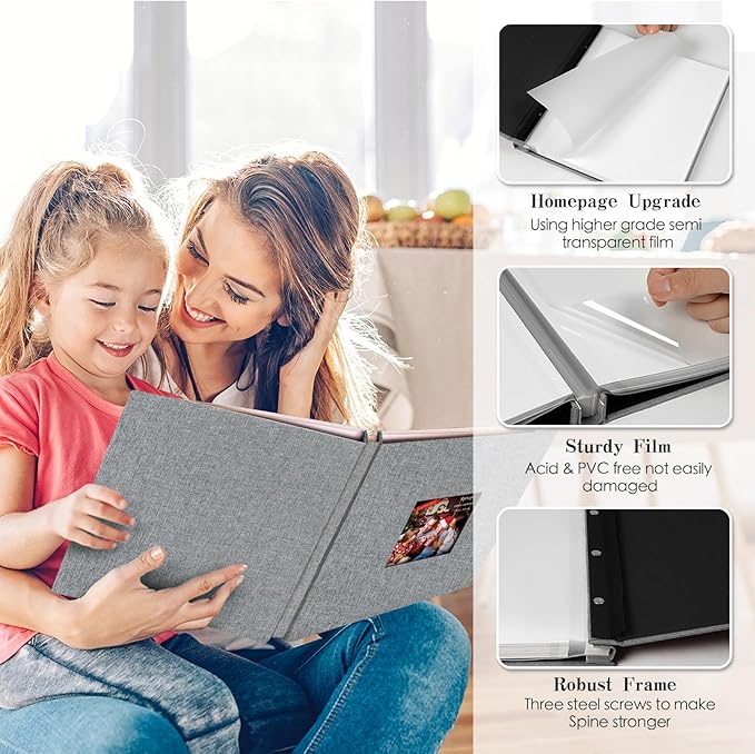 Spbapr Large Photo Album Self Adhesive 60 Pages Linen cover DIY Magnetic Scrapbook album with A Metal Pen Hold 4x6 5x7 6x8 8x10 10x12 Pictures Grey