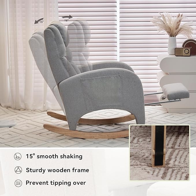 Rocking Chair Nursery, Modern Glider Chair with Adjustable Footrest and Solid Wood Legs, High Backrest Nursery Chair with Side Pocket, Rocker Armchair for Living Room Bedroom, Cotton Linen Light Gray