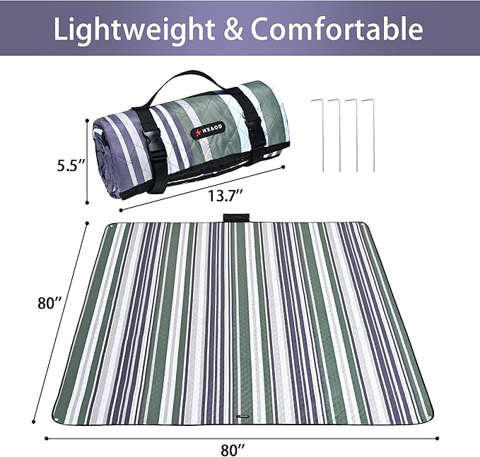 HX&OD Outdoor Picnic Blanket Extra Large, 80''*80' Waterproof Picnic Mat with Stakes Foldable Camping Blanket Portable with Carry Strap for Beach Mat (Green, 80''*80'')
