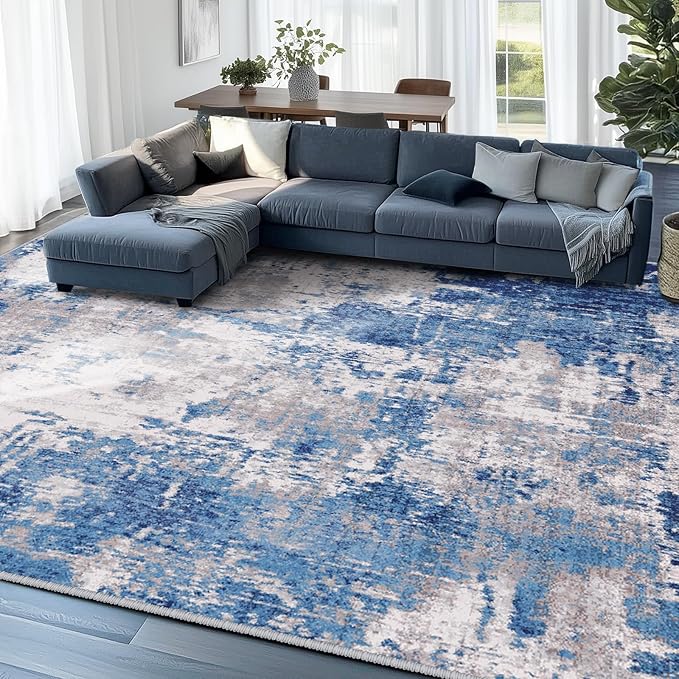 Washable Area Rugs 5'x8' Non-Slip Modern Abstract Soft for Living Room Entryway Bedroom Nursery, Print Pattern, Blue Grey Navy Gray
