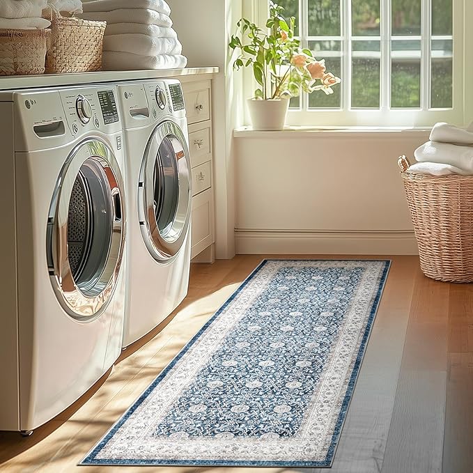 jinchan Runner Rug 2x7 - Machine Washable Dark Blue Vintage Floral Distressed Design Soft Non-Slip Low-Pile Ultra-Thin Runner Rug for Kitchen Hallway Laundry Room Entryway Farmhouse (2‘x7',Dark Blue)