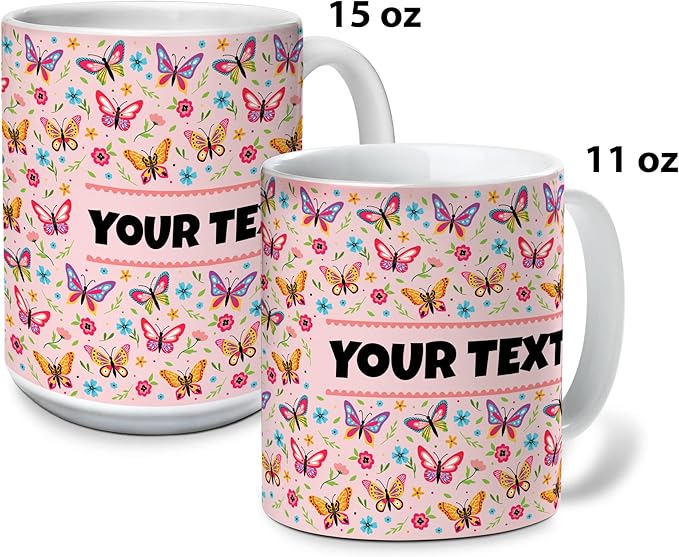 Personalized Mug for Kids - Butterflies - Custom Name/Text, Ceramic Hot Chocolate/Cocoa/Coffee Cup for Girls, Birthday/Christmas/Holiday Gift - 15 oz, White Handle