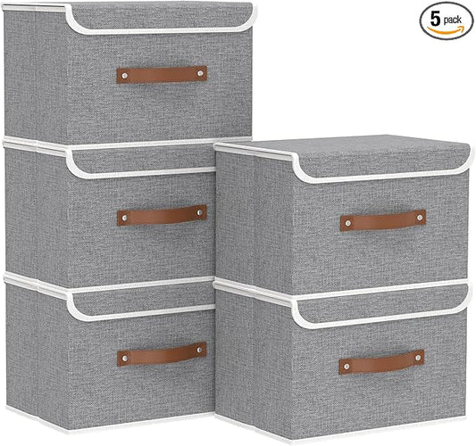 Yawinhe Collapsible Storage Bin, Cube Organizer Basket, Fabric Box with Lids, Washable and Leather Handle, for Home, Closet, Grey, 15.0''Lx9.8''Wx9.8''H, 5-Pack, USNK024GL-5