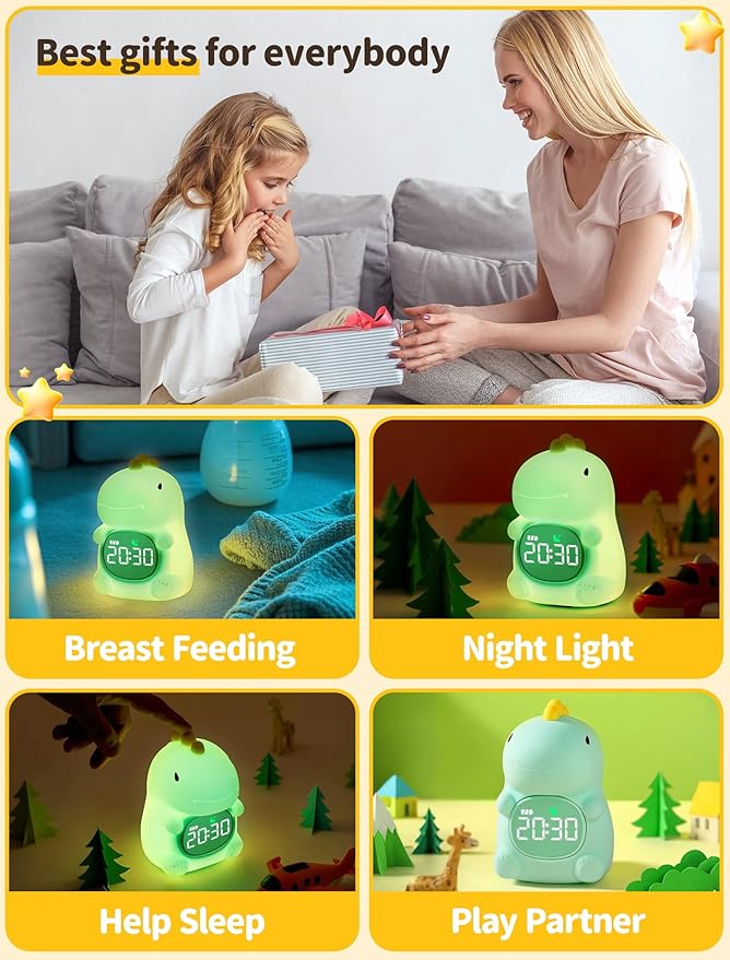 MASHI Kids Alarm Clock, Toddler Sleep Training Clock with Sun & Moon, Sleep Sound Machine, Night Lights, Ok to Wake Dinosaur Clock, Gift Ideas for Kids Child