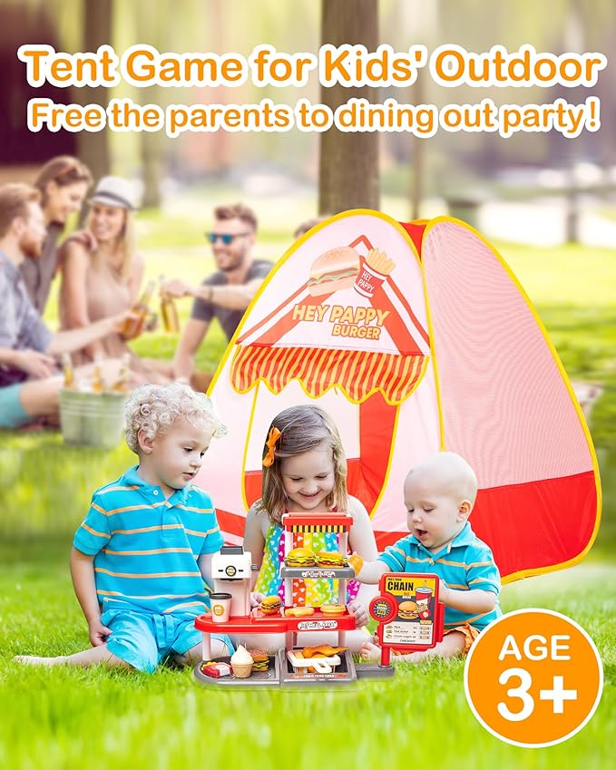 Kids Play Tent, Pop Up Play Tent Burger Theme with Complete Toy Set, Play Toys Play Set for Kids Indoor Outdoor Pretend Play