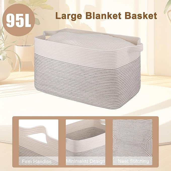 OIAHOMY 95L Blanket Basket, 24”x17”x14”, Large Woven Baskets for Storage, Nursery Cotton Rope Basket with Handle, Living Room, Nursery, Bedroom,Toy Baskets Organizer Bins, Black and White