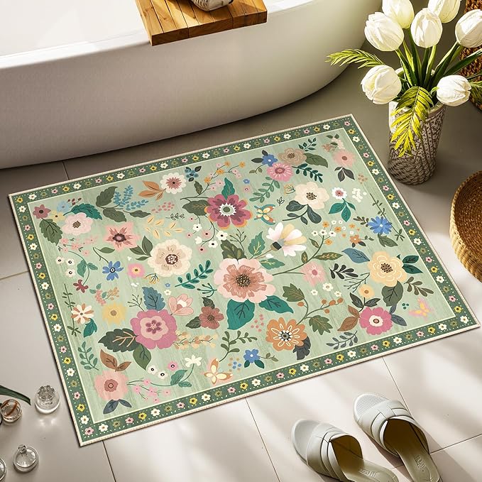 Floral 2x3 Area Rug Machine Washable Soft Print Boho Carpet Non Slip Doormat Low Pile Flower Area Rugs for Living Room Bedroom Nursery Kitchen Dining Room Indoor-Light Green