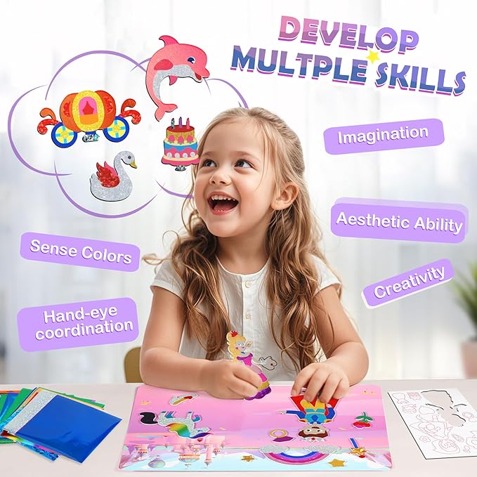 Foil Arts and Crafts for Kids Ages 4-8, Large Size Princess Fun Foil Art Craft Supplies Kits, No Mess DIY Creative Activity Travel Toys, Foam Sticker Coloring Books,Party Favor Birthday Gifts for Kids