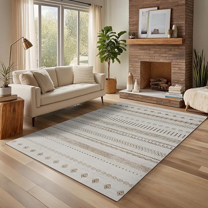 4x6 Washable Area Rug for Living Room, Carpet for Bedroom,Boho Soft Faux Wool Retro Dining Room Rug, Non Slip&Non-Shedding Resistant Low Pile Vintage Print Rug for Home Office (Beige)